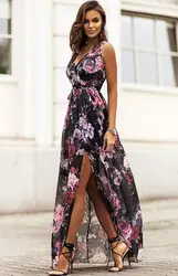 Chiffon Bloemenprint Lange Jurken Vrouwen Sexy V-hals Backless Leace-up Slit Jurk Mode Temperament Dame Woon-werkverkeer Vestidos