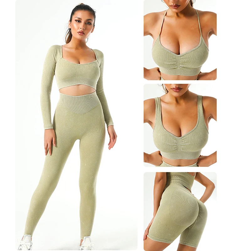 Seamless Women Yoga Set Ribbed Washed Tracksuits Crop Top Shirt Gym Leggings Outfit Workout Fitness Wear Sport Suit