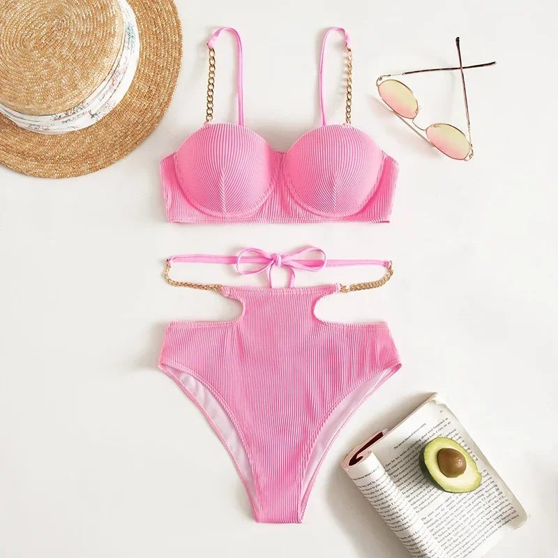 Conjunto de Bikini Tankini de cintura alta para mujer, traje de baño rosa, trajes de vacaciones en la playa, traje de baño con tirantes de cadena 2024