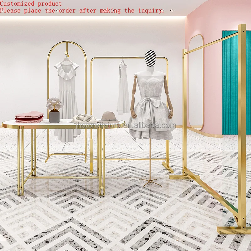 

OEM Gold Garment Stand Hanger Clothing Shops Display Stands Table Display Accessories Standing Rail Clothing Rack
