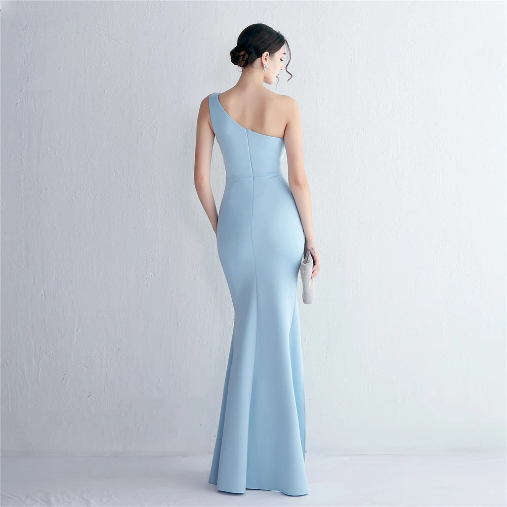 DEERVEADO One Shoulder Soft Satin Mermaid Evening Dress Long Sexy Slit Party Maxi Dress Evening Gown