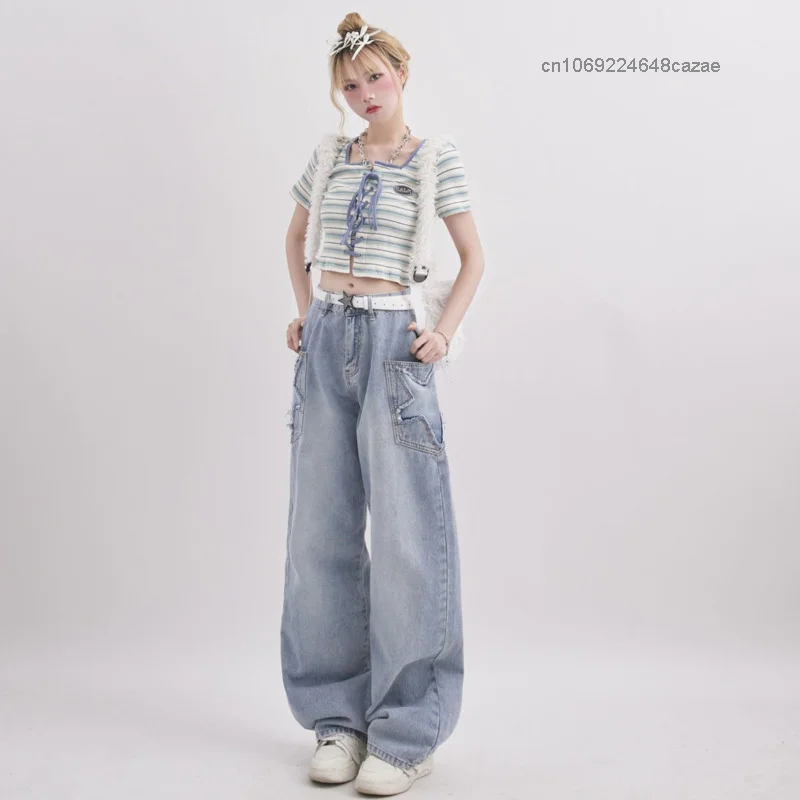 Imagem -02 - Calças Femininas de Cintura Alta Azul Claro Jeans Estrela Fina Moda Feminina Coreana Streetwear Calças de Perna Larga Roupas da Moda Y2k Novas