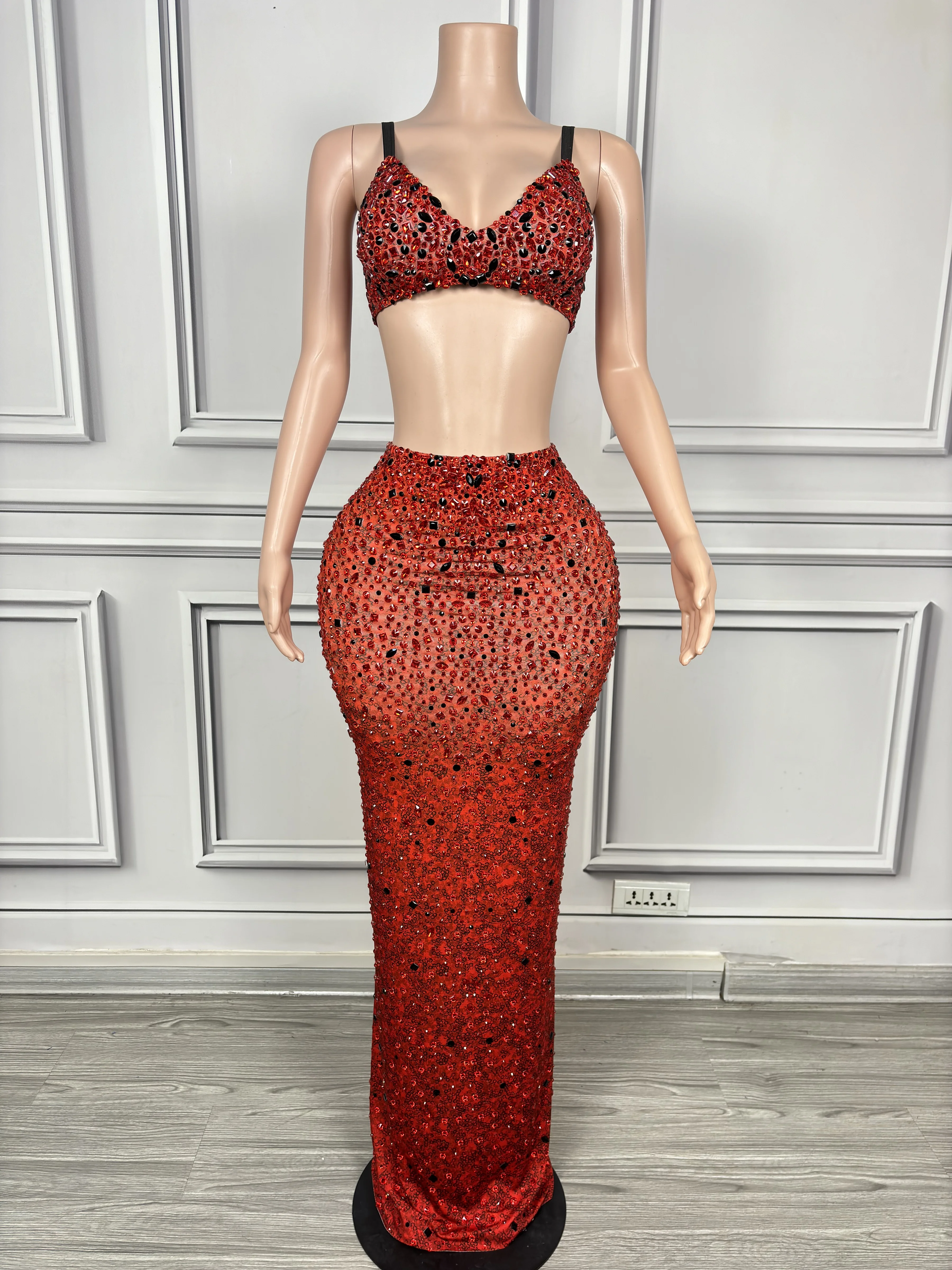 

Women Red Sparkle rhinestone Two piece Long Dress Sexy Celebrate Evening Festival Party Birthday Show Singer Stage Costume