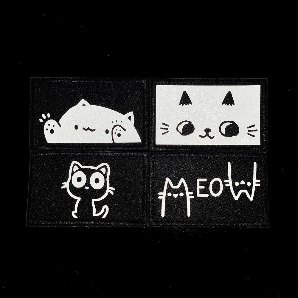 Reflective Cartoon Cat Tactical Patches Cute Cat\' Teryx Hook&Loop Emblem Funny Cat Expression Morale Badge DIY Backpack Stickers
