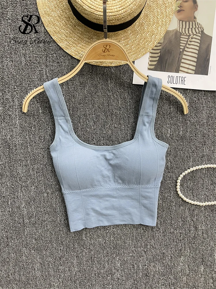 SINGREINY 2024 Fashion Casual Crop Top Women Strap Basic Chest Pad Sleeveless Sports Tank Top Solid Backless Beach Camis