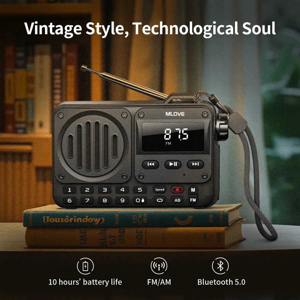 MLOVE BV800P Portable Bluetooth Speaker Black FM Radio MP3 Player USB TF Card AUX Input All-in-One Audio with Antenna