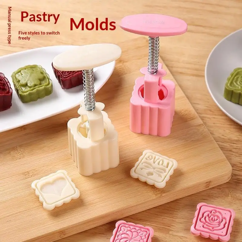 Hand Press Plastic Pastry Mold With Interchangeable Stamps Easy Release Design For Home Baking Mooncake Dessert Making