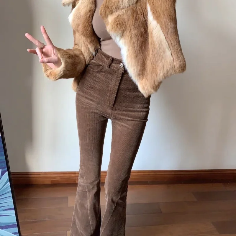 Retro Brown Corduroy Wide Leg Women's Autumn and Winter Slim Stretch Micro-Bell Pants