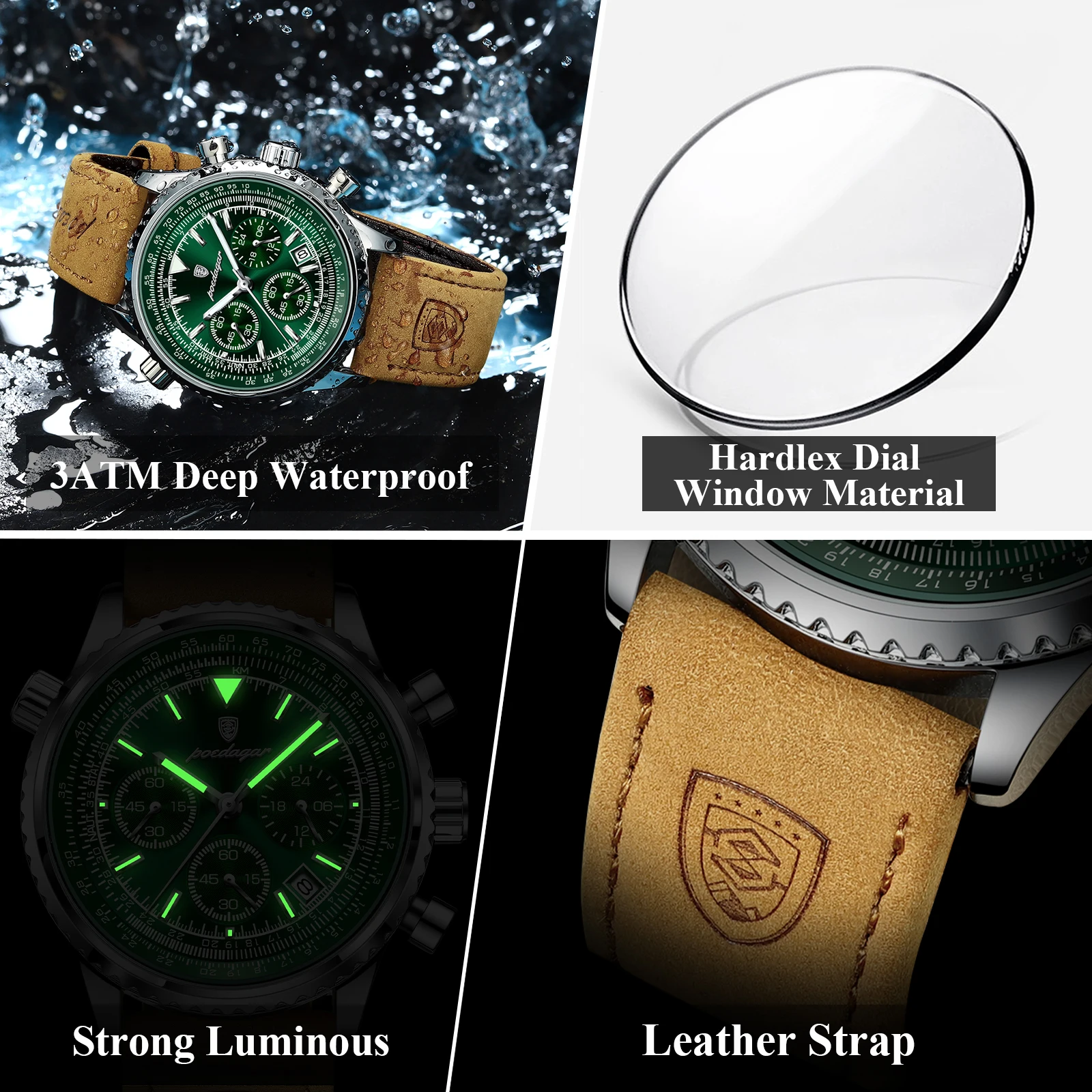 POEDAGAR-Montre à quartz de luxe pour homme, étanche, date Shoous, chronographe, montre-bracelet en cuir, sport militaire, montres pour homme