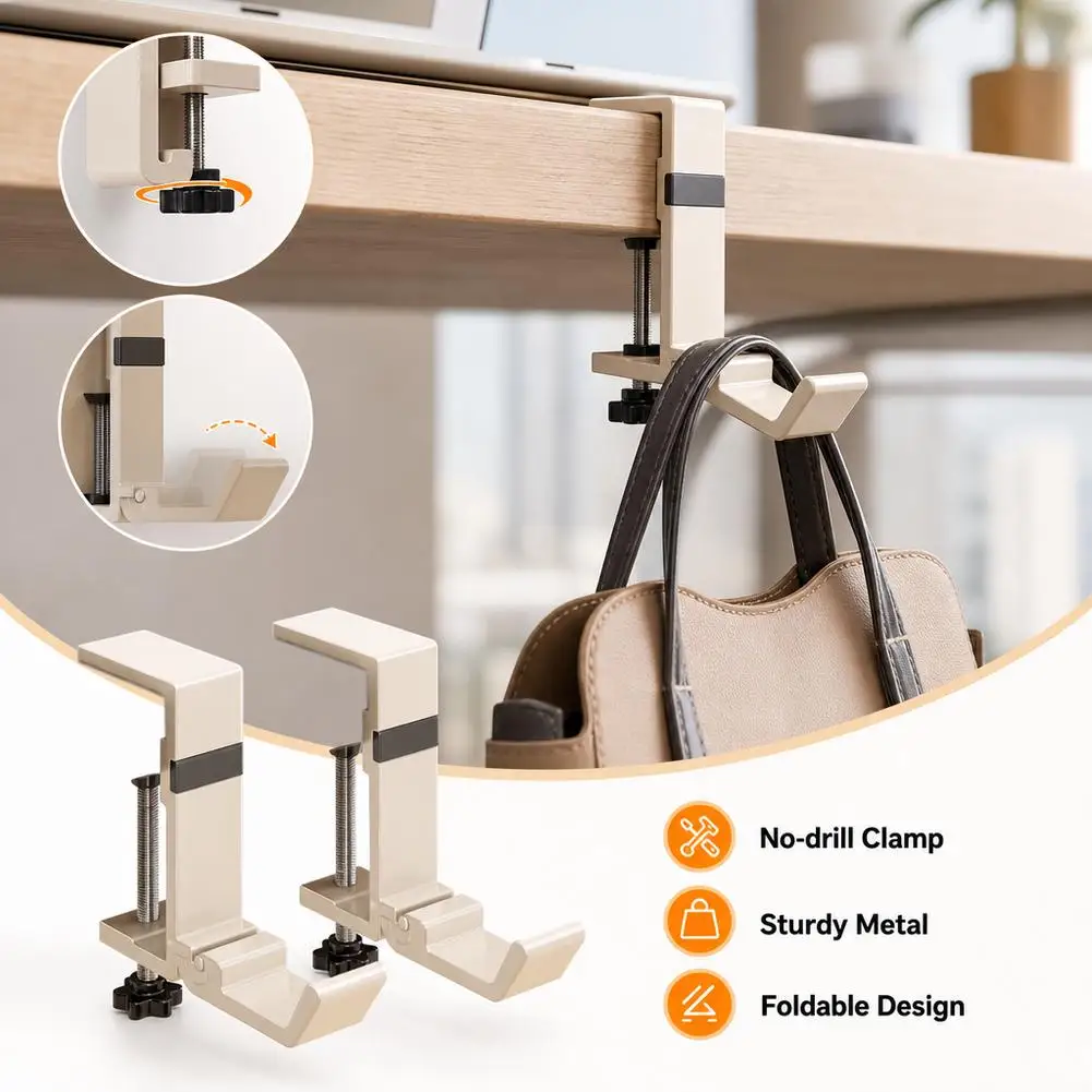 No Drill Foldable Desk Hook  Clamp On Bag Hanger Hook Table Side Backpack Headphone Holder School Dorm Office Desk Organizer