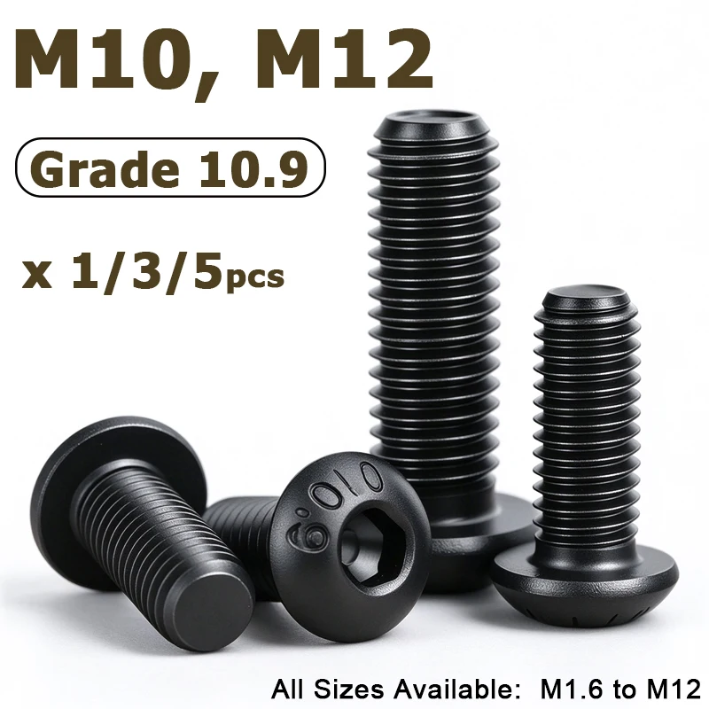 1/3/5Pcs ISO7380 M10 M12 Black Grade 10.9 Hexagon Hex Socket Button Head Cap Screws Round Head Allen Furniture Bolts L=16-100mm
