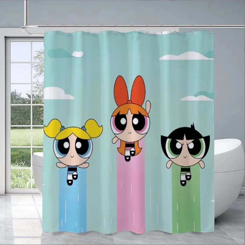 PowerPuffS Girls Shower Curtains for Bathroom Accessories Folding Partition European Curtain Bathroom Sets Full Set Bath Luxury