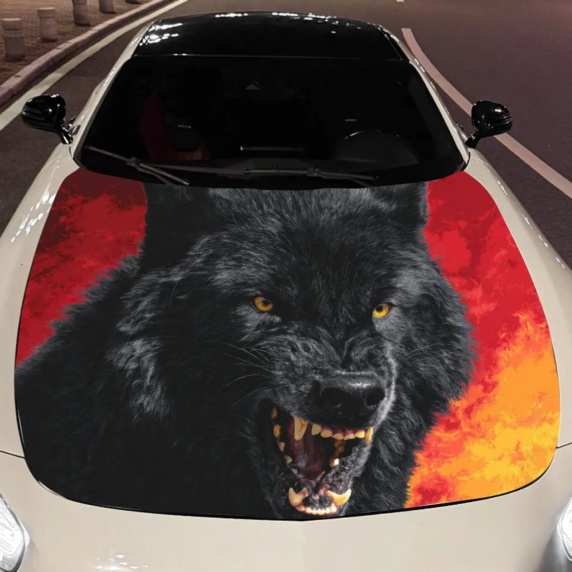 

Car Decals Fierce Black Wolf With Bared Fangs Amidst Fiery Red And Orange Flames Car Hood Sticker, Waterproof Self - Adhesive Vi