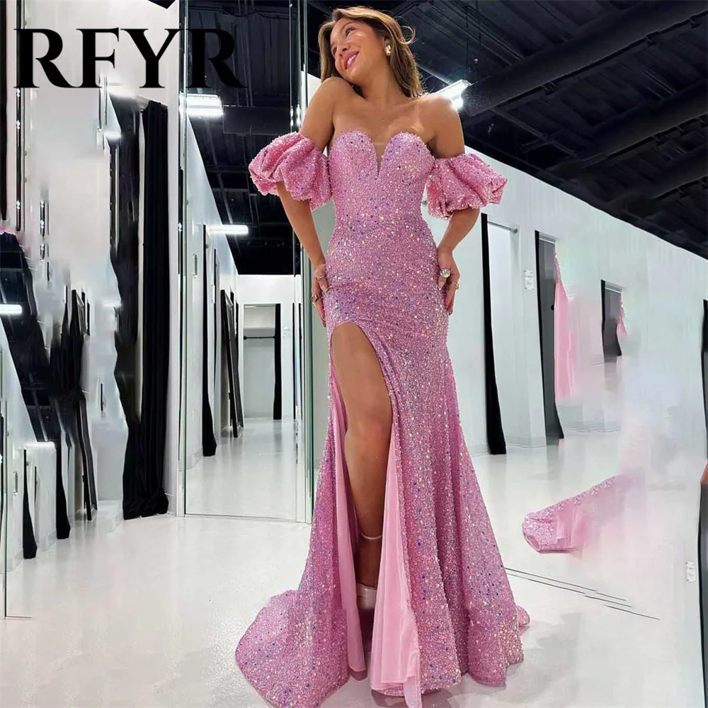 

RFYR Pink Prom Dresses Off The Shoulder Mermaid Long Evening Dress Gliiter Sequins Robe De Soirée with Pleats Split Party Dress