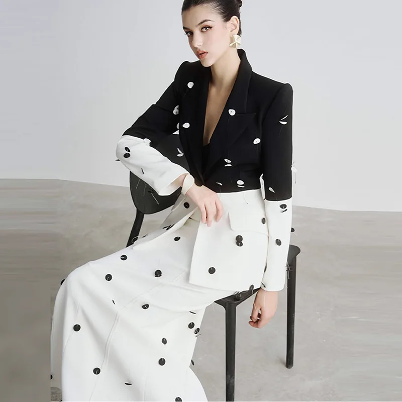 Hit Color Two Piece Set For Women Notched Collar Long Sleeve Blazer High Waist Slim Skirt Spliced Dot Sets Female