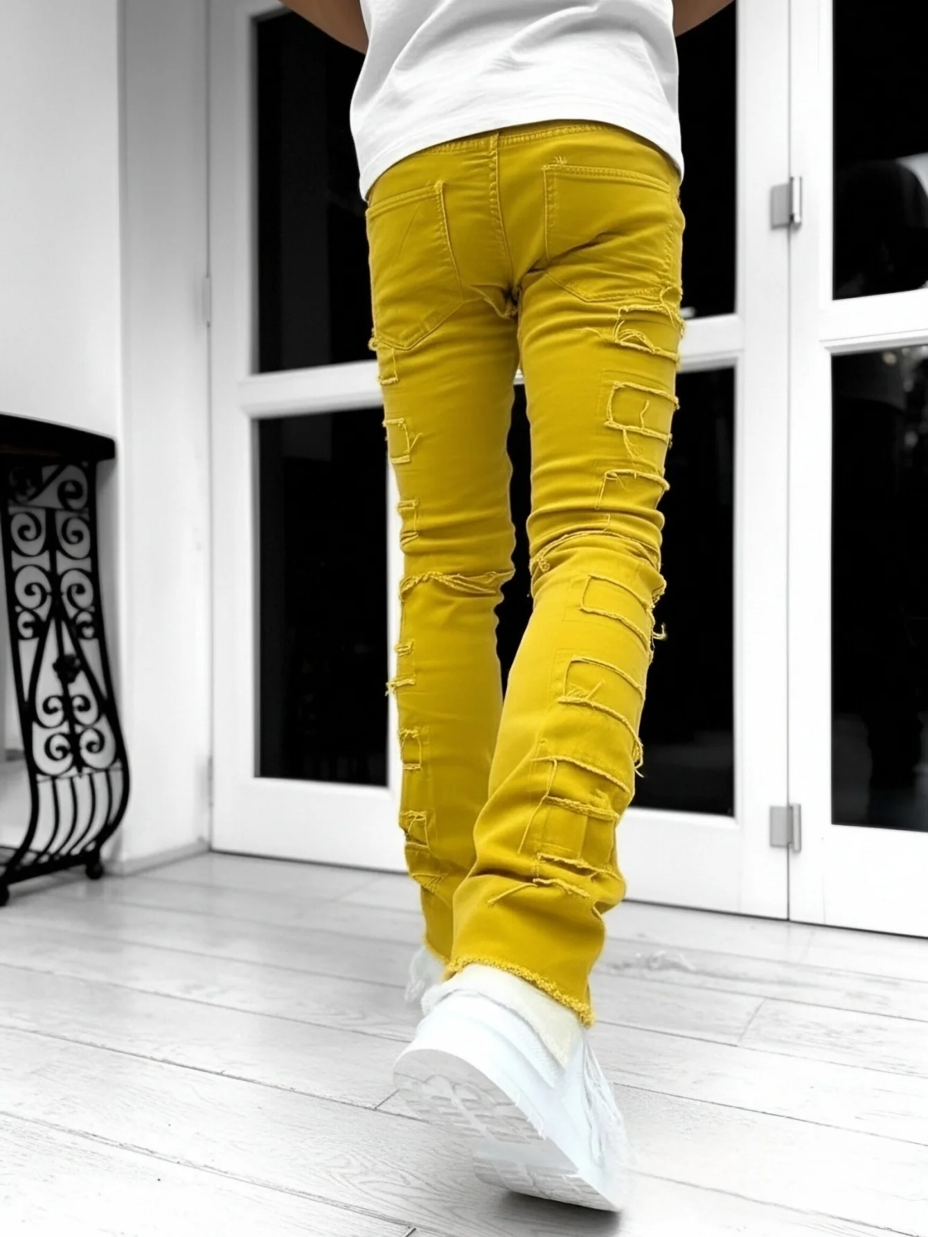 2025 New Product Men's Slim Fitting Flared Pants   Color Patchwork Style   Retro Futuristic Atmosphere   Multiple Color Options
