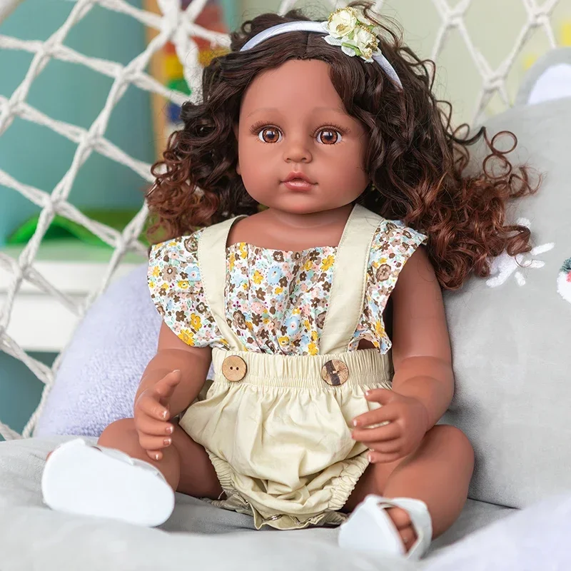 

55cm Full Body Silicone Bebe Doll Reborn Toddler Girl Baty Toy Very Dark Brown Skin Girl Doll Brown Hair