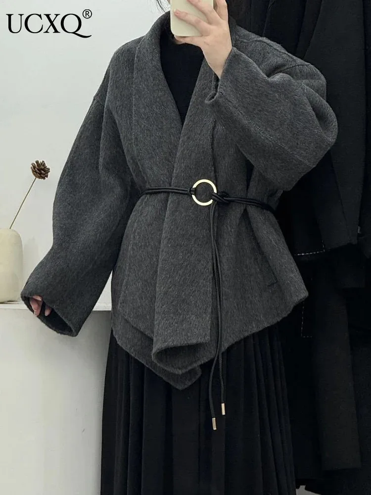 

UCXQ Fashion Woolen Coat European Style Belt Waist Solid Color Loose Casual Elegant Short Jacket Women 2024 Autumn Winter 3C1726