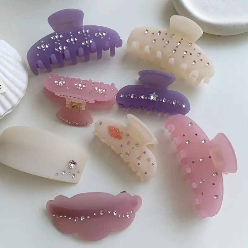 Elegant French Style Matte Purple Pink Acetate Hair Claw Clip for Women Large Rhinestone Shark Clips Barrettes Hair Accessories