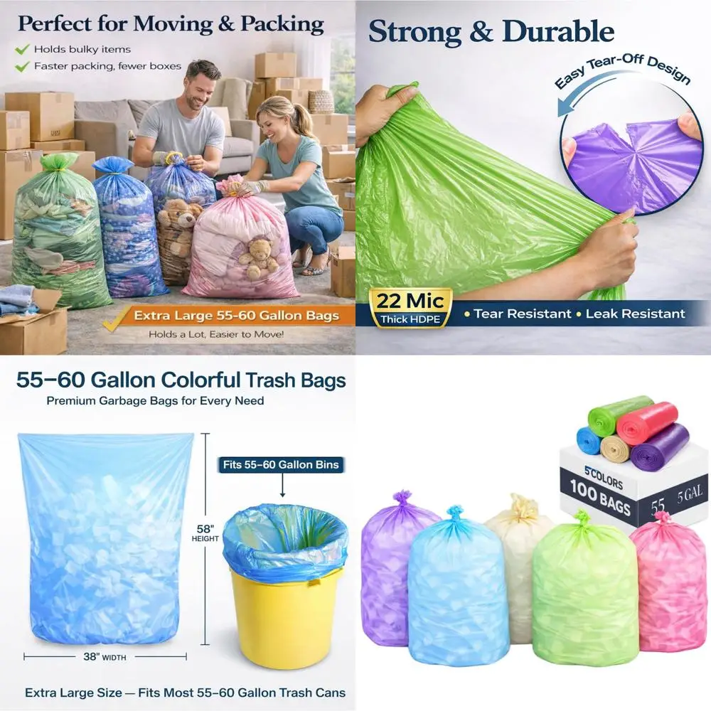 

Large 55-60 Gallon Capacity Trash Bags, 38 x 58, Ideal for Industrial, Lawn, Yard Waste, and Kitchen Use (100 Bags)