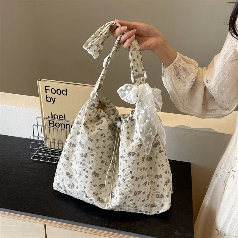 Nylon Flower Pattern Lace Decoration Women\'s Tote Bag 2024 Best-selling Fashionable and Versatile Large Capacity Shoulder Bag