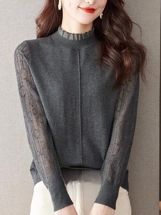 

Elegant Long Sleeve Thin Cotton Base Shirt Mushroom Collar Commute Style Korean Version Loose Fit Single Piece Spring Autumn