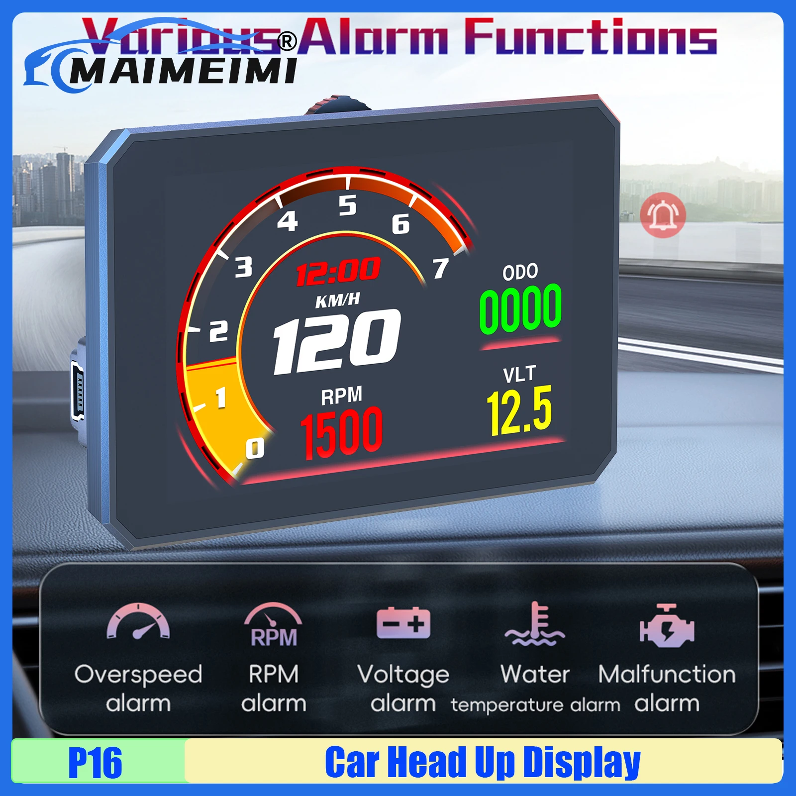 

MAIMEIMI P16 OBD2 Автомобильный HUD Проекционный дисплей Спидометр Об/мин Температура воды Масло Расход топлива Турбо Давление Напряжение Сигнализация превышения скорости