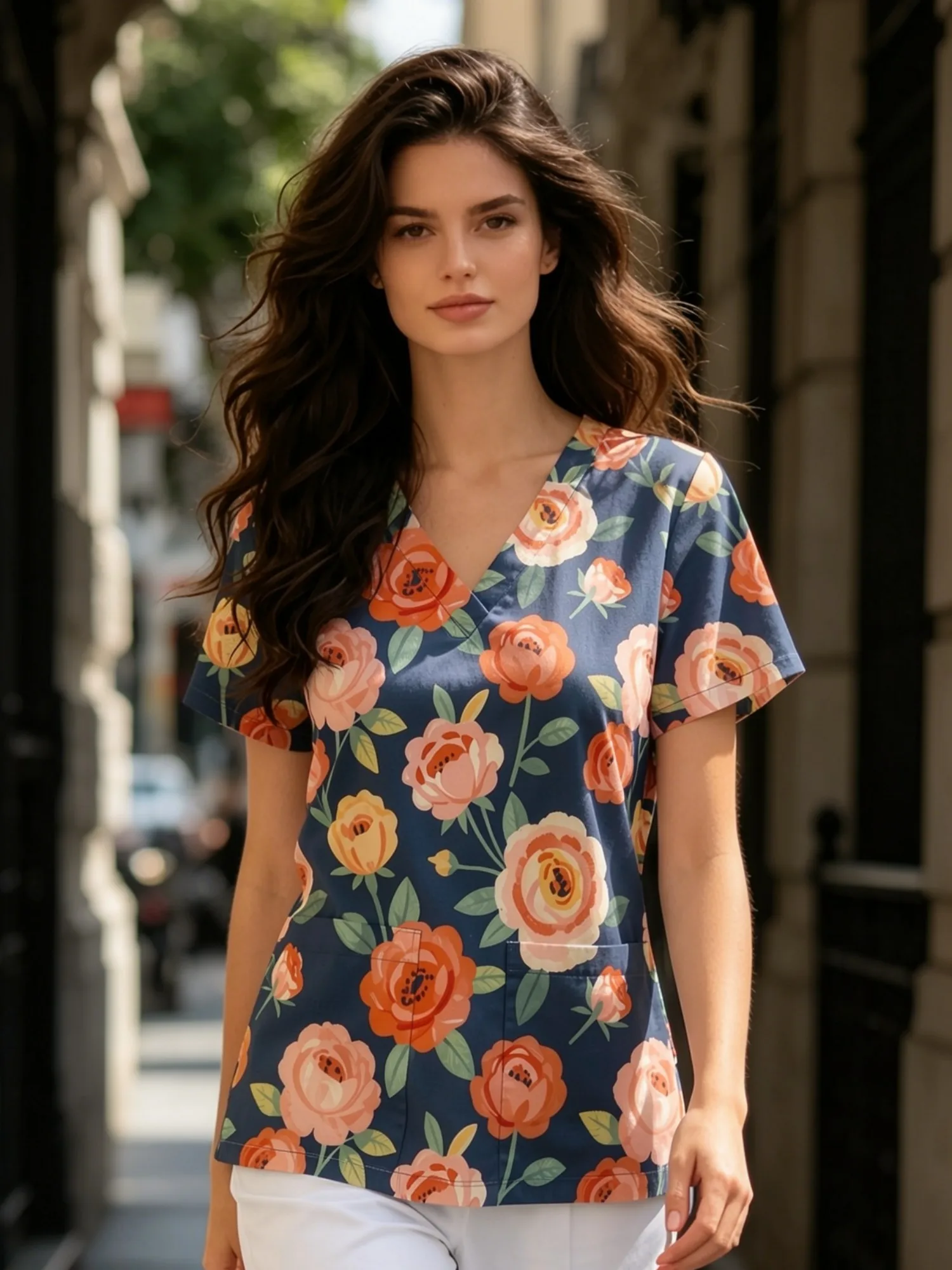 Casual Fit Womens V Neck Medical Uniform Top Complete With Functional Front Pockets Floral Pattern Loose Fit For Hospital Rounds