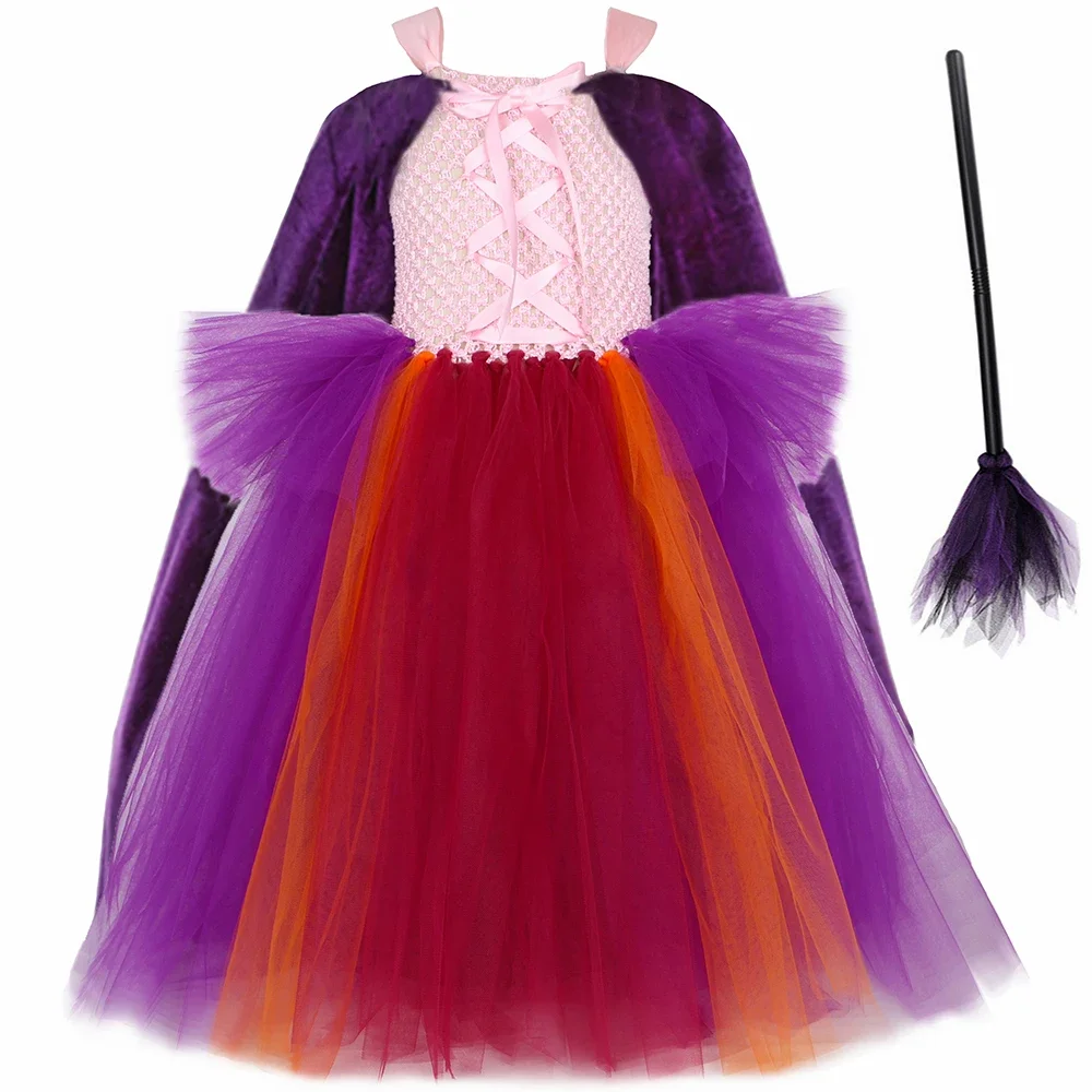 Sarah Sanderson Hocus Pocus Costume Kids Halloween Carnival Party Dress Up Clothes Girls Fancy Witch Tutu Dress with Cape Broom