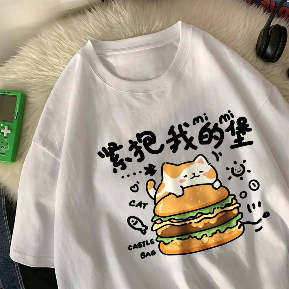 The Kitten Hugged His Burger Tightly Womens T-Shirts Cartoons Prints T Shirts O-Neck Soft Tops Summer Clothes Graphic T Shirts