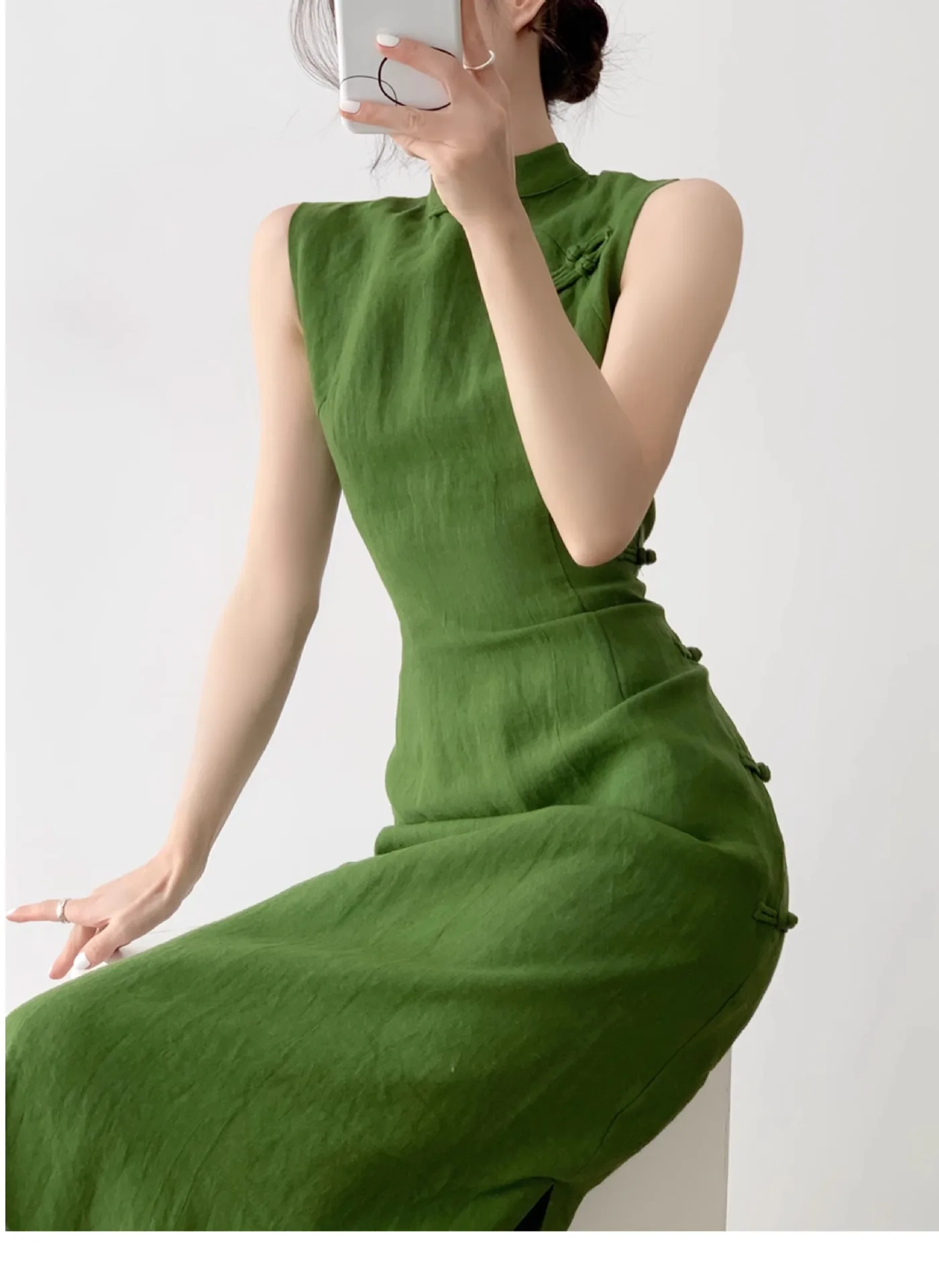 2025 Qipao Vintage Elegante Verde Sem Mangas Cheongsam Vestido Tradicional Estilo Chinês Vestido de Noite Vestido Chinês