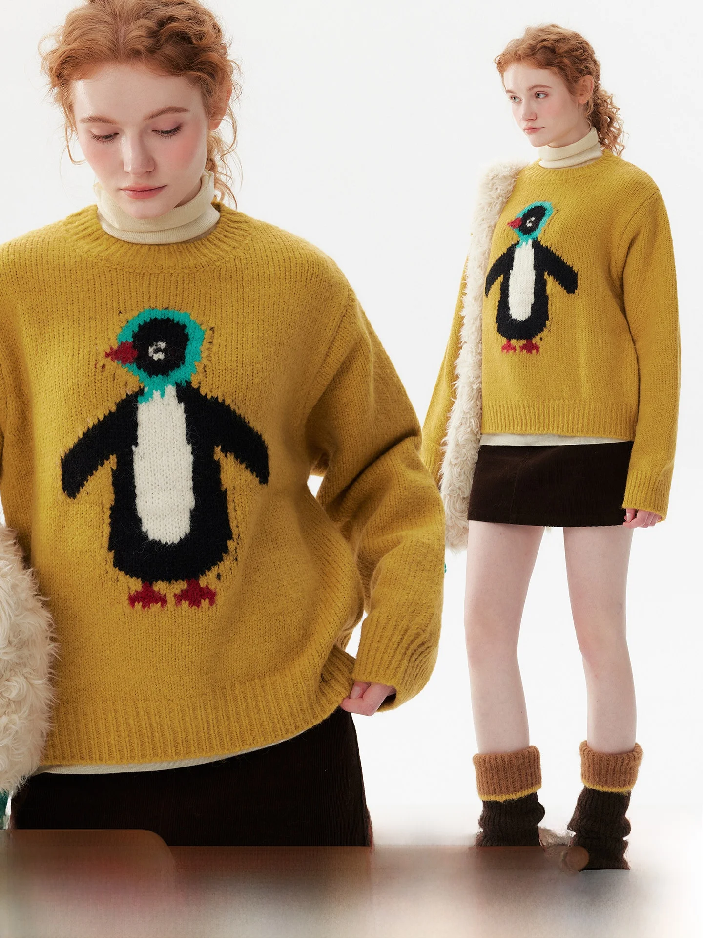 

Thiened Knitted Woolen Sweater Women's Overhead Penguin Scarf Cute Warm Casual Sle Long Sve round Ne Winter Top