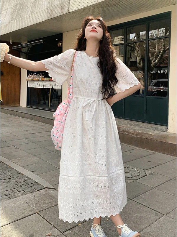 

plus Size 300 Pou Fat MM Summer New Sle Tea Break Hollow out Fairy White Dr Women's A-Line Skirt Korean Sle Commute