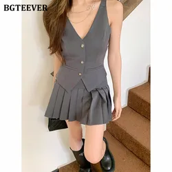 BGTEEVER Casual Loose Women 2 Pieces Skirt Set V-neck Single-breasted Sleeveless Jackets Female Pleated Mini Skirts