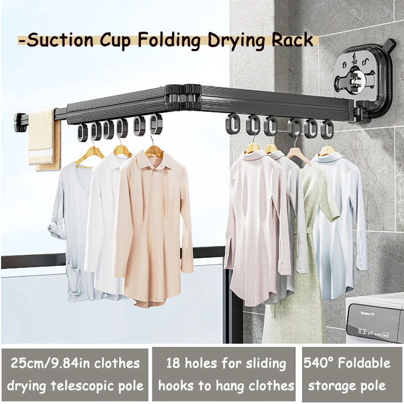 Wall Mounted Drying Rack Suction cup folding Clothes Hanger for Balcony Bedroom Living Room Retractable Space Saver Drying Rack