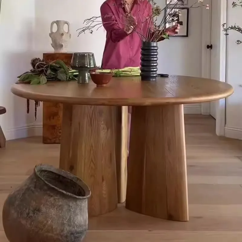 Ash wood solid wood round dining table household small apartment designer medieval French high-end dining table