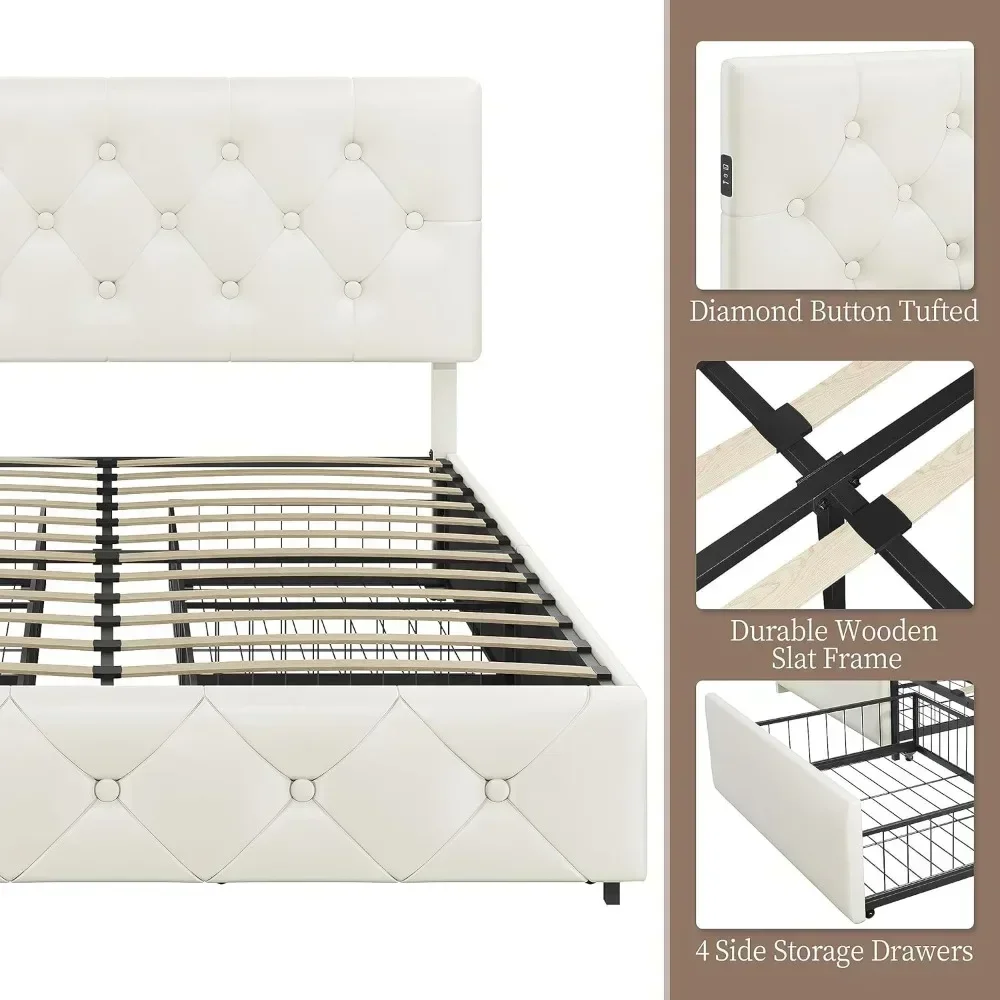 Queen Size Upholstered Bed Frame Ports for Type A & Type C/4 Storage Drawers/Adjustable Headboard, Black Bed Bases image 5