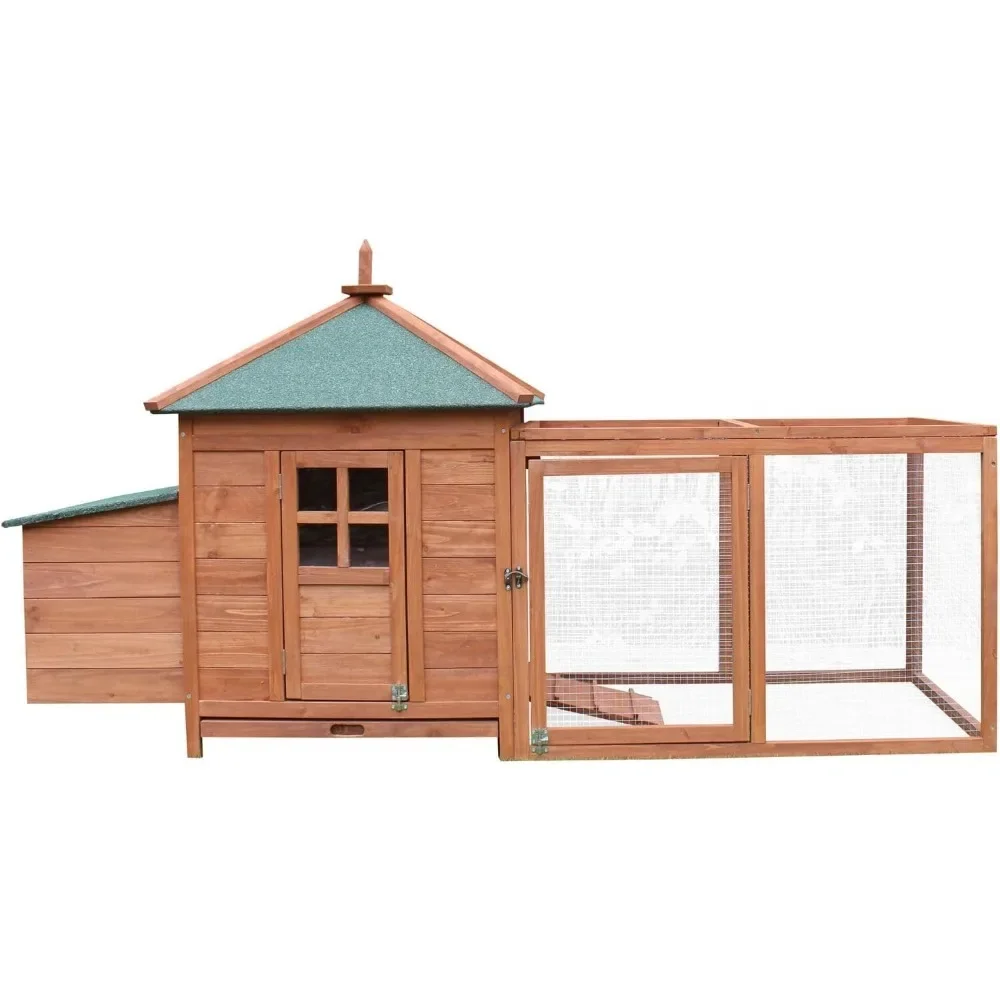 Outdoor Wooden Chicken Coop with Ramp, Nesting Box, Wire Mesh Run, Cage, Waterproof Roof, and Removable Tray, Ventilated Fir
