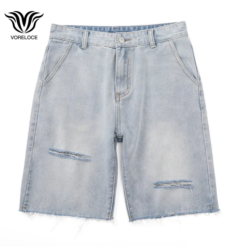 Fashion To Cut Holes Jeans Street Hip-hop Men's Straight Loose Knee-length Five-point Pants Y2k Shorts