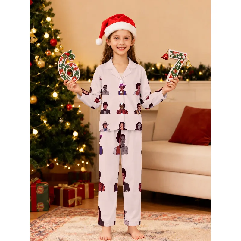 Girls Lapel Pajama Set Long Sleeve Nightwear, Assorted MJ Cartoon Portrait Silhouette Prints, Perfect Birthday Gift