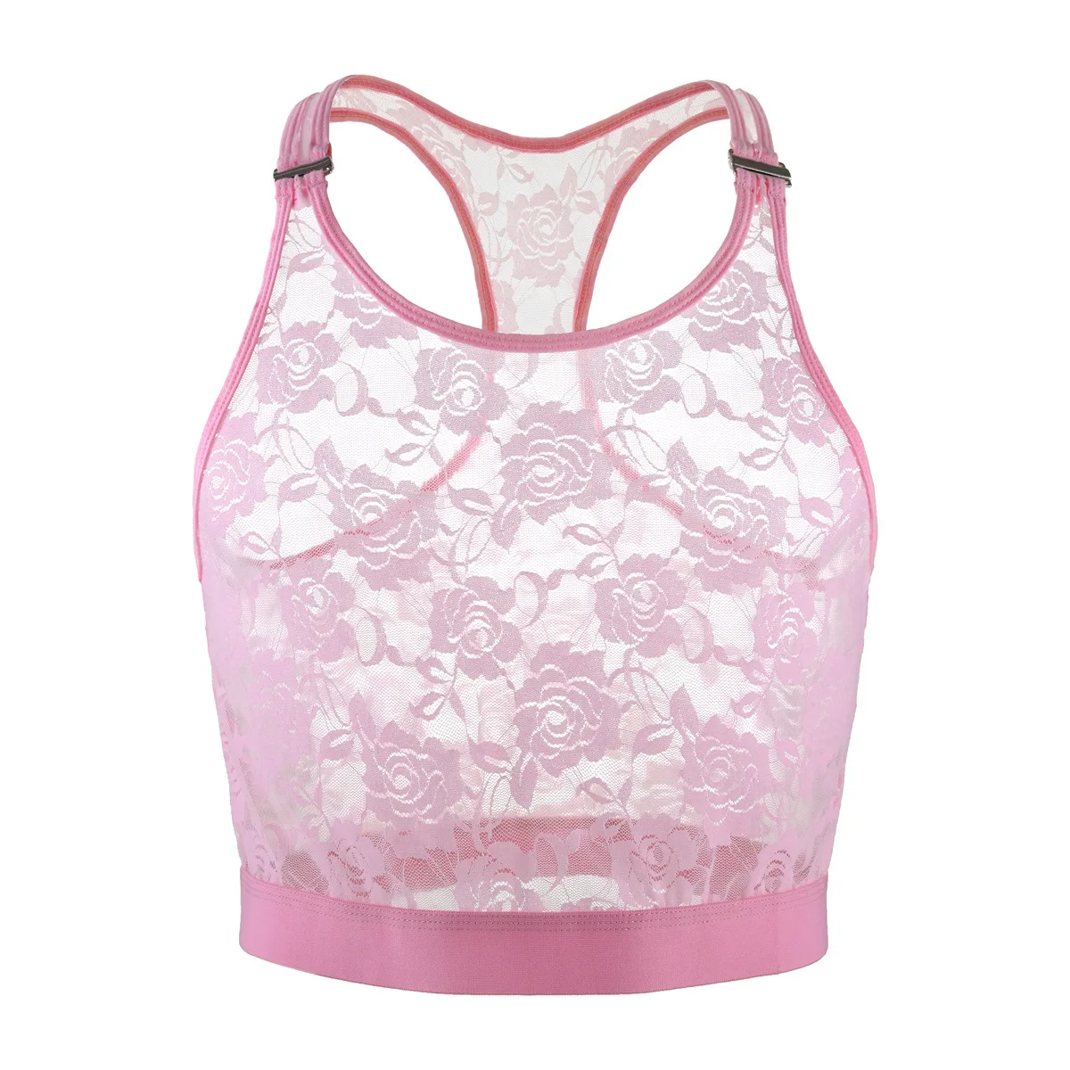 Mens Low Neck Lace Mesh Cropped Tank Top Sheer Breathable Athletic Slim Sleeveless Undershirt