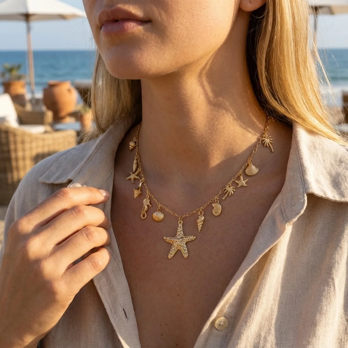 Boho Küsten-Halskette mit Seestern, Muschel, Seepferdchen, Schnecke, Fisch, Kokosnussbaum-Anhänger für Damen und Herren, Sonnen-Hummer-Choker, Sommer-Schmuck – Detail 12