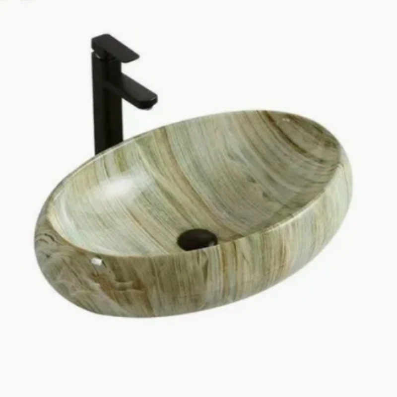 Marble pattern oval art basin bathroom balcony wash basin basin on top