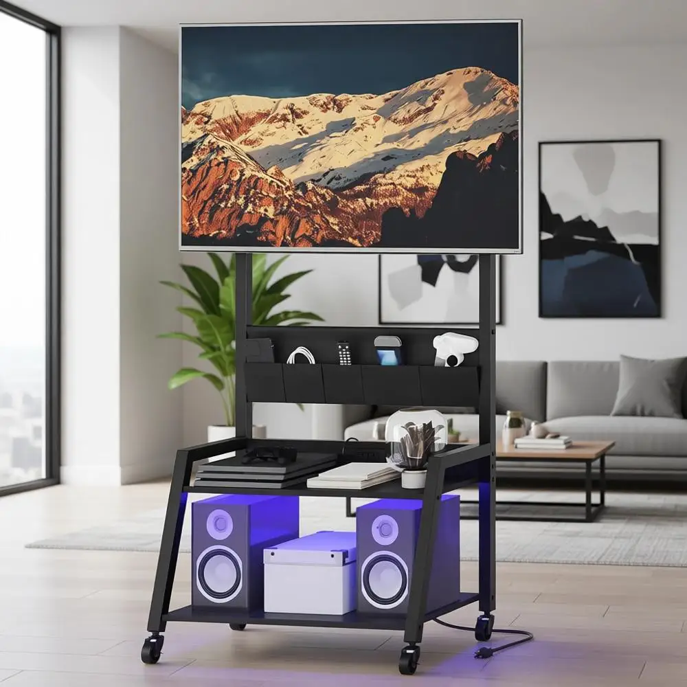 

Adjustable TV Stand with Power Outlet and LED Lights, Suitable for 55 TVs, Ideal for Living or Meeting Rooms, Black