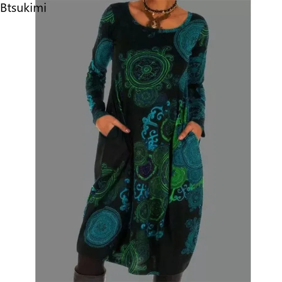 فستان نسائي فضفاض عتيق موديل 2025 مكشكش لربيع وخريف جديد مطبوع بأكمام طويلة فستان بوهو غير رسمي للحفلات