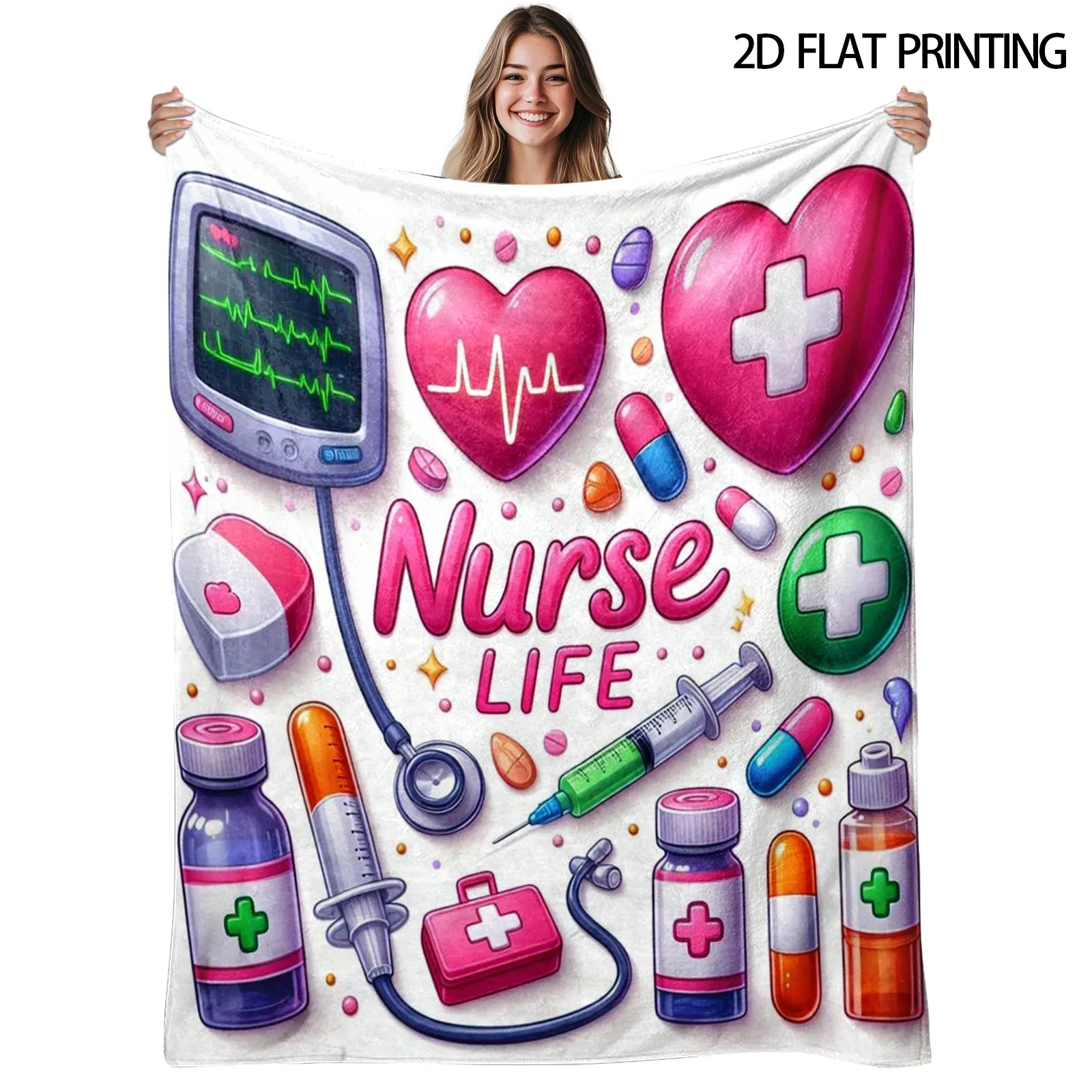 1pc Nurse‑Life‑Medical‑Heart‑Print Throw Blanket, Decor for Home & Outdoor Camping, Warm Birthday & Valentine's‑Day Gift