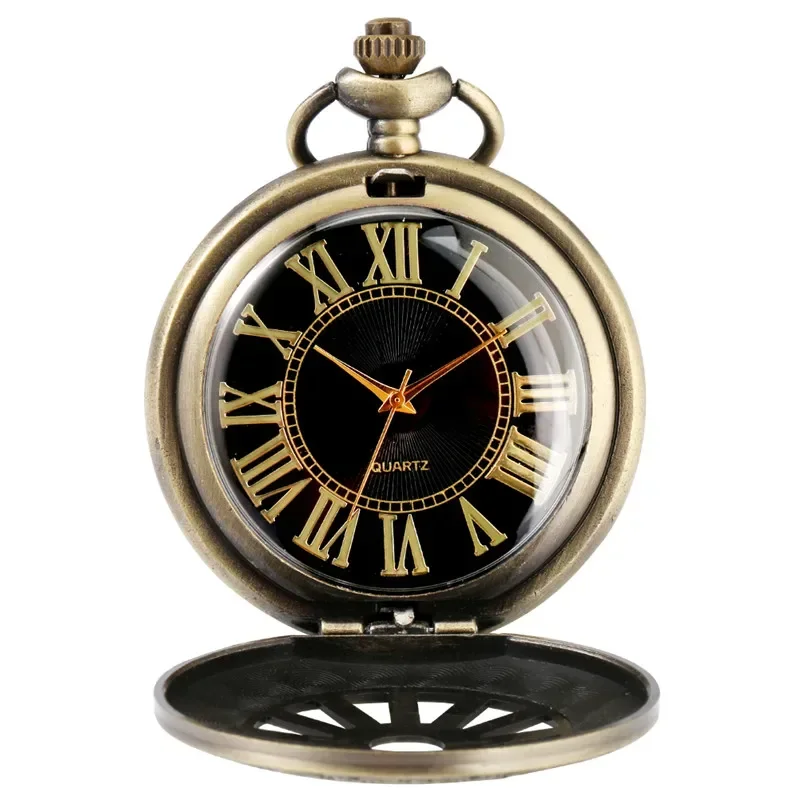 Vintage Style Hollow Wheel Design Black Roman Number Dial Antique Quartz Analog Pocket Watch for Men Women Collectable Clock