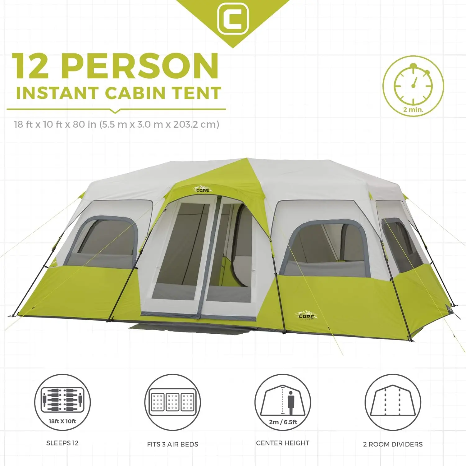 CORE 12 Person Instant Cabin Tent | 3 Room Huge Tent for Family with Storage Pockets for Camping Accessories | Portable Large Po