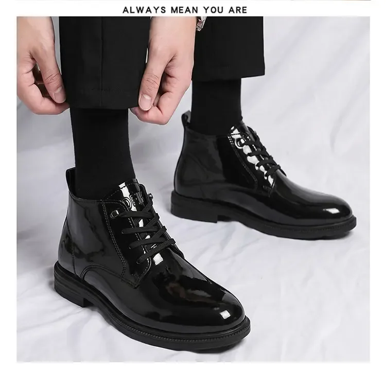 Glänzend schwarze Schnürstiefeletten für Herren, hohe Schafthöhe, dicke Sohle, modische, lässige Business-Herrenschuhe – Detail 12
