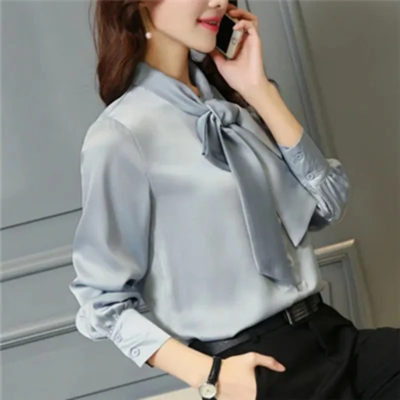 Fashion Solid Color Blouse 2024 Autumn Long Sleeve Bow Collar Office Lady Blouse Casual Women Tops Elegant Chiffon Shirt